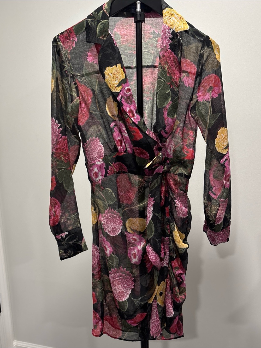 RACHEL Rachel Roy Black Floral with multi color accents sheer button down dress